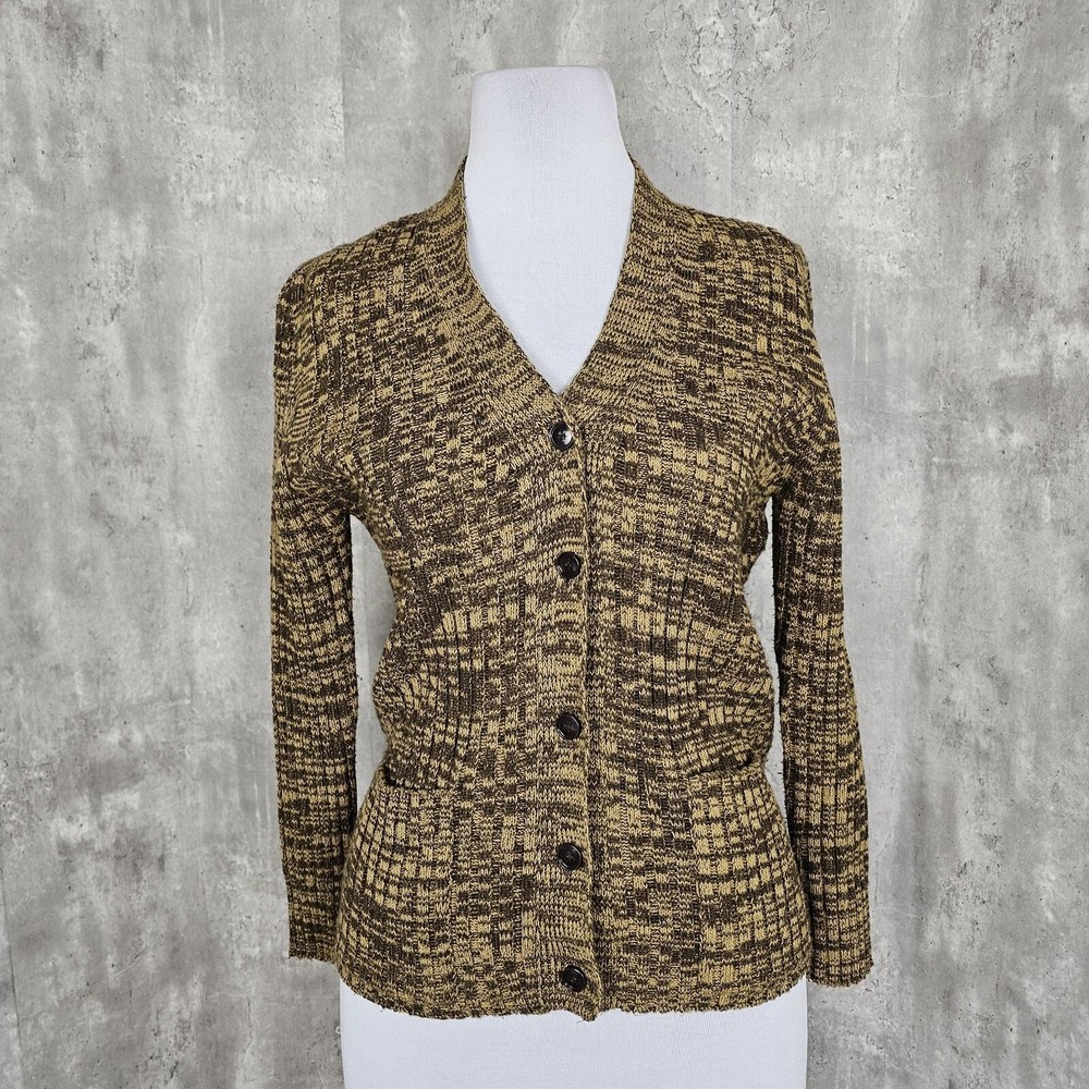 Vintage 70s Montgomery Ward Size‎ 38 Tan Brown Marbled Knit Cardigan Sweater